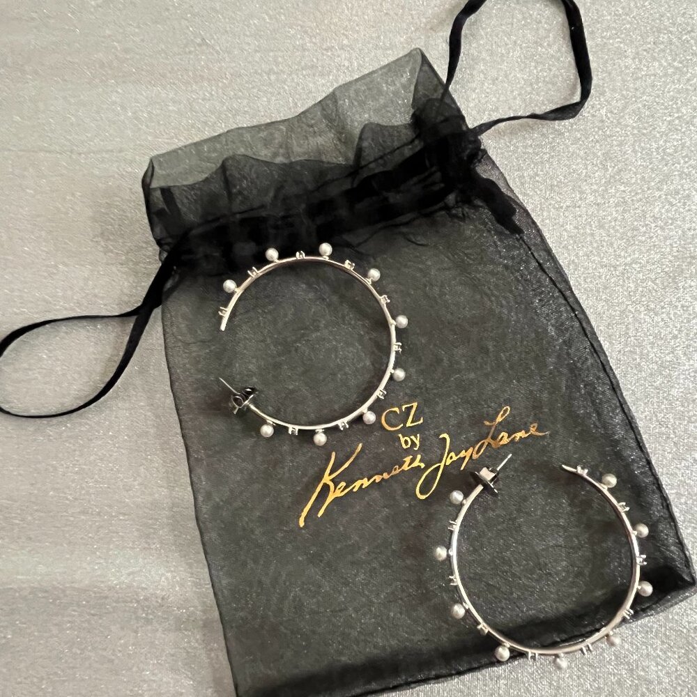 Kenneth J Lane Pearl and CZ Hoop Earrings